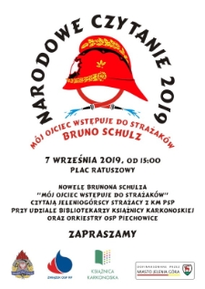 Narodowe Czytanie 2019. Bruno Schulz "M&oacute;j ojciec wstępuje do strażak&oacute;w" - ulotka [Dokument życia społecznego]