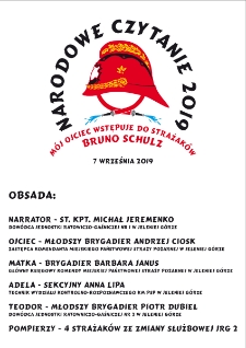 Narodowe Czytanie 2019. Bruno Schulz "M&oacute;j ojciec wstępuje do strażak&oacute;w" - plakat [Dokument życia społecznego]