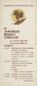 IX Jaworskie Biesiady Literackie, 10 czerwca 1988 r. - plakat [Dokument życia społecznego]