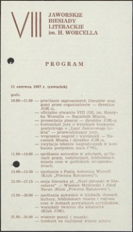 VIII Jaworskie Biesiady Literackie, 11-13 czerwca 1987 r. - program (wer. 2) [Dokument życia społecznego]