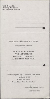 VIII Jaworskie Biesiady Literackie, 11-13 czerwca 1987 r. - zaproszenie [Dokument życia społecznego]