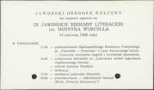 IX Jaworskie Biesiady Literackie, 10 czerwca 1988 r. - zaproszenie [Dokument życia społecznego]