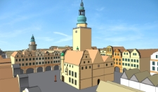 Cyfrowe rekonstrukcje zabudowy miasta Jeleniej Góry : widok od południa – dawny Ratusz Jeleniogórski, w tle Baszta Zamkowa [Dokument elektroniczny]