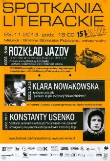 Plakat informujący o spotkaniach literackich w ramach 15 Baraque [Dokument życia społecznego]