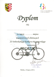 Dyplom za zajęcia x miejsca w powiatowych eliminacjach XX Dolnośląskiego Konkursu Recytatorskiego ''Pegazik'' [Dokument życia społecznego]