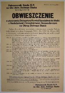 Obwieszczenie o utworzeniu Delegatury Komisji Specjalnej Do Wali z Nadużyciami i Szkodnictwem Gospodarczym na Okręg Dolnego Śląska [Dokument życia społecznego]