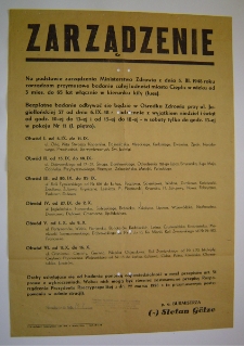 Zarządzenie Ministerstwa Zdrowia z dnia 3 marca 1948 w sprawie przymusowego badania całej ludności miasta Cieplic w wieku od 3 mies. do 65 lat włącznie w kierunku kiły (lues) [Dokument życia społecznego]