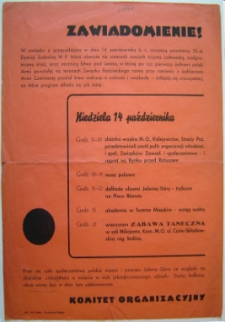 Zawiadomienie o odbywajacych się uroczystościach w związku z rocznicą powstania 10 Dywizji Sudeckiej W.P. [Dokument życia społecznego]