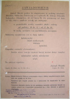 Zawiadomienie o godzinach urzędowania Miejskiej Biblioteki Publicznej w Cieplicach Śląskich-Zdroju [Dokument życia społecznego]