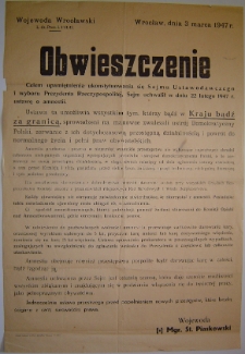 Obwieszczenie celem upamiętnienia ukonstytuowania się Sejmu Ustawodawczego i wyboru Prezydenta Rzeczpospolitej. Uchwalenie ustawy o amnestii [Dokument życia społecznego]
