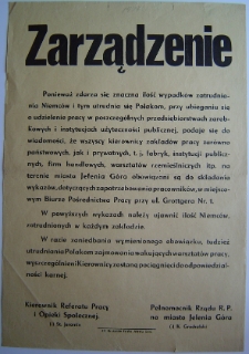 Zarządzenie w sprawie wykazu ilości Niemc&oacute;w zatrudnionych w zakładach [Dokument życia społecznego]