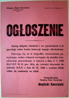 Ogłoszenie w sprawie sprzedaży napoj&oacute;w alkoholowych mimo braku koncesji [Dokument życia społecznego]