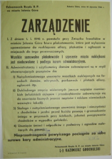 Zarządzenie w sprawie plakatowania [Dokument życia społecznego]