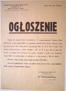Ogłoszenie w sprawie ograniczenia obrotu mięsem i jego przetworami oraz tłuszczami zwierzęcymi [Dokument życia społecznego]