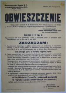 Obwieszczenie w sprawie zakazu wywozu ruchomosci znajdujących się na terenie Ziem Odzyskanych [Dokument życia społecznego]