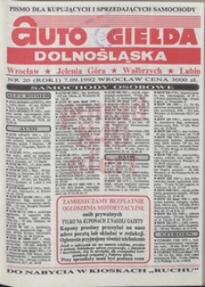 Auto Giełda Dolnośląska : pismo dla kupujących i sprzedających samochody, R. 1, 1992, nr 20 (7.09.1992 r.)