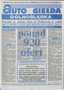 Auto Giełda Dolnośląska : pismo dla kupujących i sprzedających samochody, R. 1, 1992, nr 21 (14.09.1992 r.)