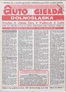 Auto Giełda Dolnośląska : pismo dla kupujących i sprzedających samochody, R. 1, 1992, nr 30 (16.11.1992 r.)