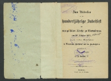 Zum Gedenken an das hundertjährige Jubelfest der evangelische Kirche zu Warmbrunn am 26. October 1877, seinen lieben Gemeinden in Warmbrunn, Herschdorf und den Hospitalgütern [Dokument elektroniczny]