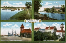 Ohlau. Partie a.d. Schleuse, Tiergarten, Oderbrücke mit Zollhaus, Partie am Schlossplatz [Dokument ikonograficzny]