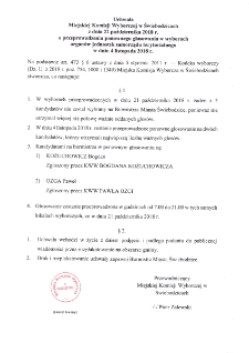 Uchwała Miejskiej Komisji Wyborczej : o przeprowadzeniu ponownego głosowania w wyborach organu jednostek samorządu terytorialnego w dniu 4 listopada 2018 - afisz [Dokument życia społecznego]