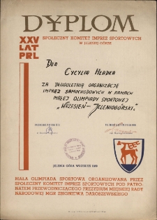 Dyplom dla Cecylii Hładkiej za długoletnią organizację imprez samochodowych w ramach Małej Olimpiady Sportowej "Wrzesień - Jeleniogórski.", 09.1969