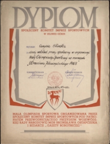 Dyplom dla Cecylii Hładkiej za duży wkład pracy społecznej w organizacji Małej Olimpiady Sporowej w ramach "Września Jeleniogórskiego 1968"