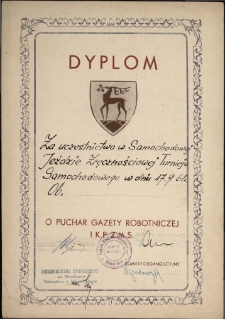 Dyplom za uczestnictwo w Samochodowej Jeździe Zręcznościowej Turnieju Samochodowego w dniu 17.9.61 r.Ob. [_] o Puchar Gazety Robotniczej i K.P. Z.M.S.