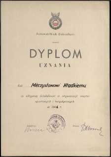Dyplom uznania Kol. Mieczysławowi Hładkiemu za aktywną działalność w organizacji imprez sportowych i turystycznych w 1964 r.