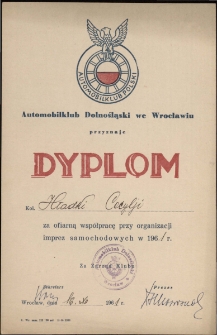 Dyplom Kol. Hładki Cecylii za ofiarną współpracę przy organizacji imprez samochodowych w 1961 r.
