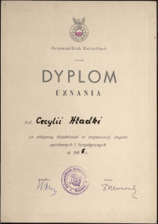 Dyplom uznania Kol. Cecylii Hładki za aktywną działalność w organizacji imprez sportowych i turystycznych w 1965 r.