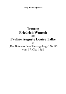 Trauung Friedrich Wunsch mit Pauline Auguste Louise Talke in "Der Bote aus dem Riesengebirge" Nr. 86 vom 17. Okt. 1868 [Dokument elektroniczny]