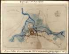 Plan miasta Hirschberg z oznaczonymi zabudowaniami zalanymi przez powódź 29-30 lipca 1897 roku