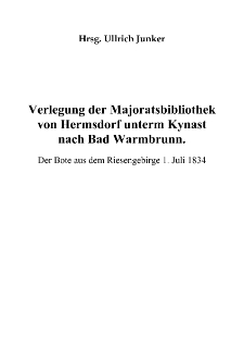 Verlegung der Majoratsbibliothek von Hermsdorf unterm Kynast nach Bad Warmbrunn [Dokument eloktroniczny]
