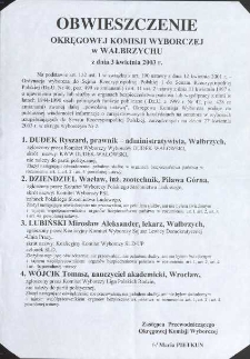 Obwieszczenie Okręgowej Komisji Wyborczej w Wałbrzychu z dnia 3 kwietnia 2003 r.