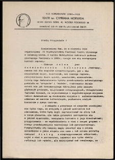 Drodzy Przyjaciele! Zawiadamiamy Was, że w sierpniu 1984 oganizujemy II Międzynarodowy Festiwal Teatru Ulicznego w Jeleniej G&oacute;rze... [Dokument życia społecznego]