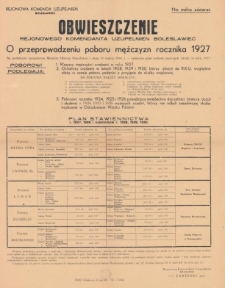 Obwieszczenie Rejonowego Komendanta Uzupełnień Bolesławiec o przeprowadzeniu poboru mężczyzn rocznika 1927 [Dokument życia społecznego]