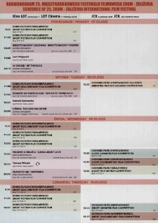 Harmonogram 25. Międzynarodowego Festiwalu Filmowego Zoom- Zbliżenia = Schedule of 25. Zoom- Zbliżenia International Film Festival - folder [Dokument życia społecznego]