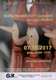 Bezpłatne warsztaty lalkarskie dla całej rodziny - plakat [Dokument życia społecznego]