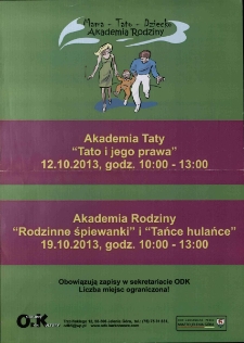 Tato i jego prawa : Akademia taty. Rodzinne śpiewanki i Tańce hulańce : Akademia Rodziny - plakat [Dokument życia społecznego]