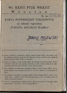 Karta Potwierdzeń Terenowych do odznaki regionalnej „Turysta Dolnego Śląska” [Dokument życia społecznego]