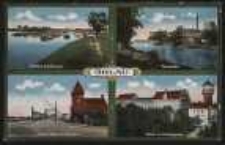 Ohlau – Partie am der Schleuse, Tiergarten, Oderbrücke mit Zollhaus, Partie am Schlossplatz [Dokument ikonograficzny]