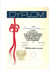 Dyplom dla Mieczysława Dyniusa za zajęcie I miejsca w XIV Międzynarodowych Zawodach Skibobowych „O Puchar Szrenicy 1982” w slalomie gigancie w kat. seniorów