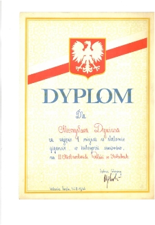 Dyplom dla Mieczysława Dyniusa za zajęcie I miejsca w slalomie gigancie w kategorii seniorów na II Mistrzostwach Polski w Skibobach