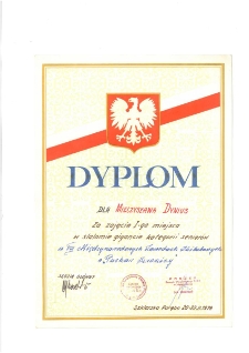 Dyplom dla Mieczysława Dyniusa za zajęcie I miejsca w slalomie gigancie kategorii seniorów w VIII Międzynarodowych Zawodach Skibobowych o "Puchar Szrenicy"