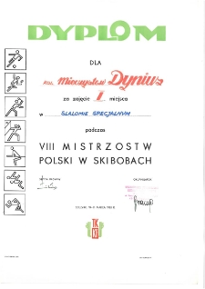 Dyplom dla kol. Mieczysław Dynius za zajęcie I miejsca w slalomie specjalnym podczas VIII Mistrzostw Polski w Skibobach