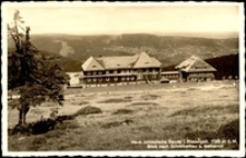 Neue schlesische Baude i. Riesengeb. 1195 m ü. M. Blick nach Schreiberhau u. Iserkamm [Dokument ikonograficzny]