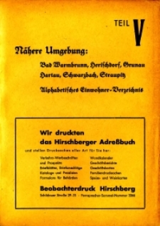 Hirschberger Einwohner-Buch 1939. Teil 5, Nähere Umgebung: Bad Warmbrunn, Herischdorf, Grunau, Hartau,Schwarzbach, Straupitz. Alphabetisches Verzeichnis