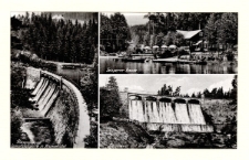 Riesengebirge. Lomnitaztalsperre in Krummhübel. Talsperre-Baude. Sperrmauer mit Überlauf [Dokument ikonograficzny]